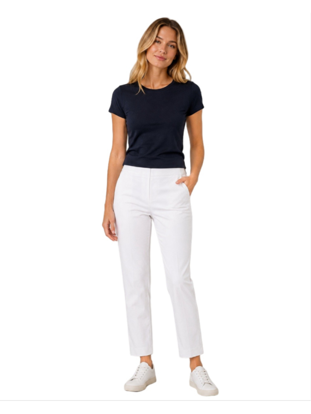Saks Fifth Avenue Flat Front Pants White Cotton Stretch Mid Rise Straight Leg 8